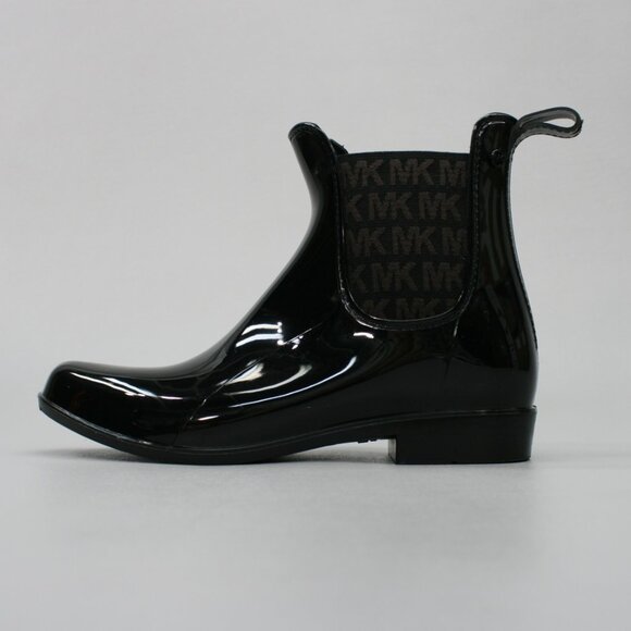 Michael Kors Ladies 8 Chelsea Charm Black PVC Brown Logo Rain Ankle Boots JH21G - Picture 2 of 12